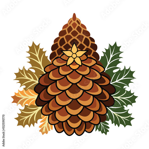 Decorative illustration of a brown pinecone flanked by leaves and a yellow flower element on a white background