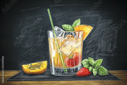 Drawing of cocktail glass with fruits and straw on chalkboard creating summer bar atmosphere