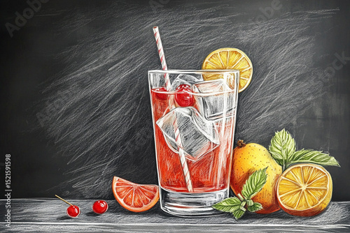 Drawing of cocktail glass with fruits and straw on chalkboard creating summer bar atmosphere