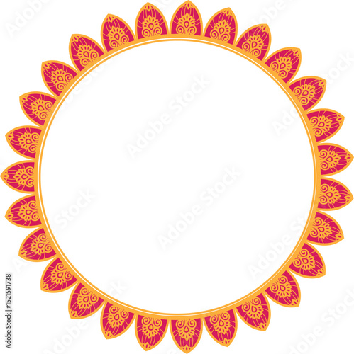Decorative Mandala Circle Frame with Floral Petal Border, Circular mandala frame with Pink and yellow floral petal design on white background	
