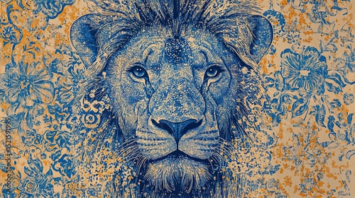 Intricate Lion Head Artwork With Blue Outlines and Floral Patterns