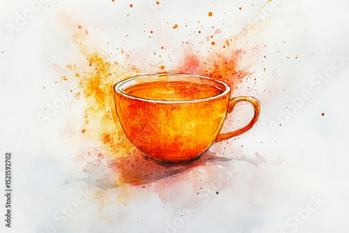 Bright watercolor strokes turning into an image of a cup of tea, symbolizing the invigorating taste of the drink