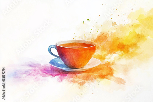 Bright watercolor strokes turning into an image of a cup of tea, symbolizing the invigorating taste of the drink