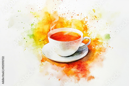 Bright watercolor strokes turning into an image of a cup of tea, symbolizing the invigorating taste of the drink