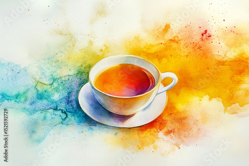 Bright watercolor strokes turning into an image of a cup of tea, symbolizing the invigorating taste of the drink