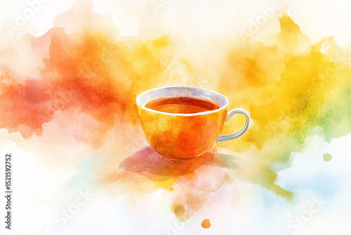 Bright watercolor strokes turning into an image of a cup of tea, symbolizing the invigorating taste of the drink