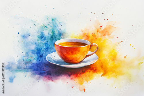 Bright watercolor strokes turning into an image of a cup of tea, symbolizing the invigorating taste of the drink