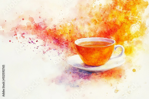 Bright watercolor strokes turning into an image of a cup of tea, symbolizing the invigorating taste of the drink