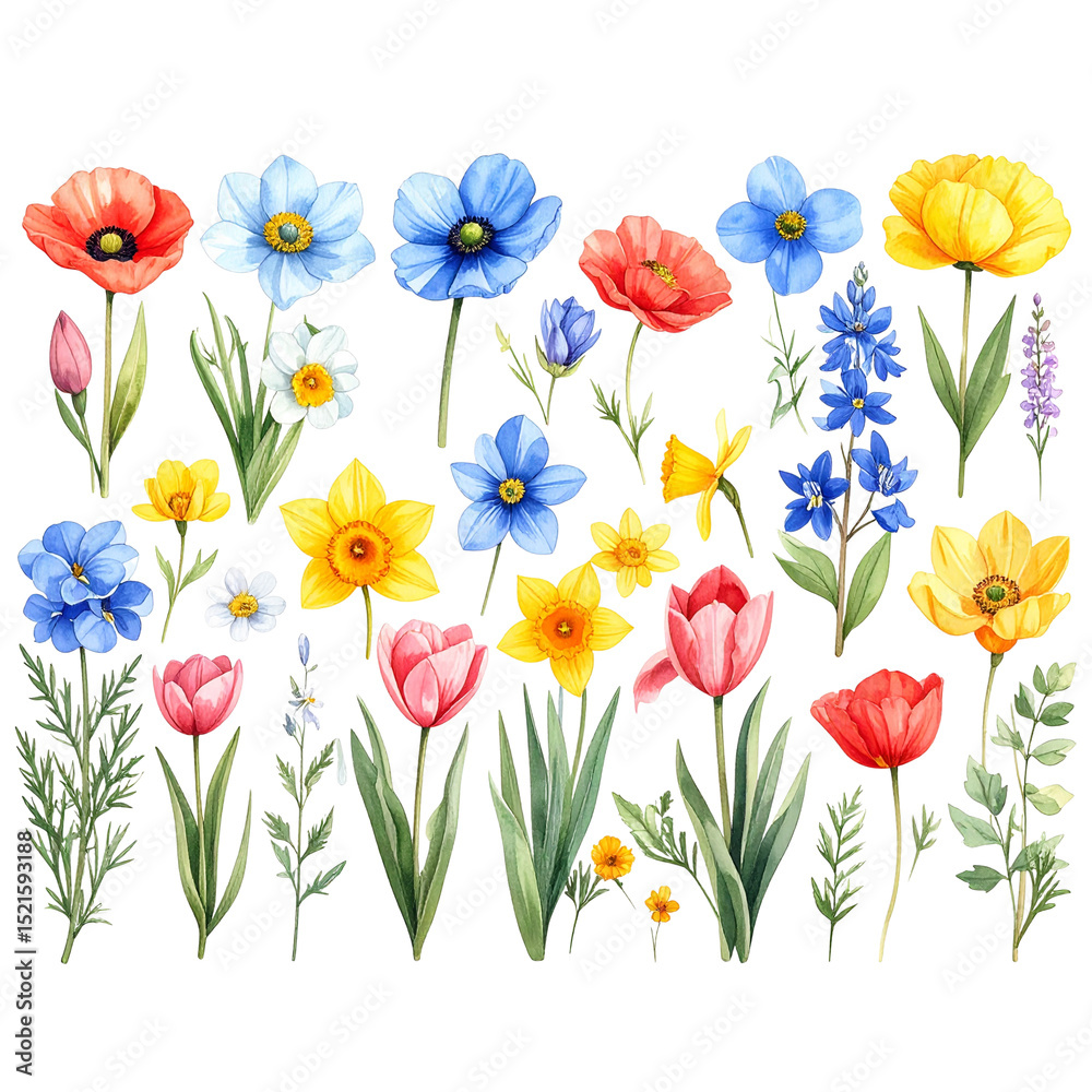 Fototapeta premium Spring Blossoms in Full Bloom – Hand-Drawn Wildflowers PNG Set