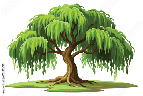 Illustration of a weeping willow tree with green leaves on green grass