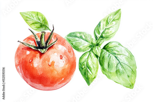 Minimalistic watercolor composition of basil and tomato leaves, great for restaurant advertising