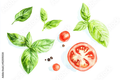 Minimalistic watercolor composition of basil and tomato leaves, great for restaurant advertising