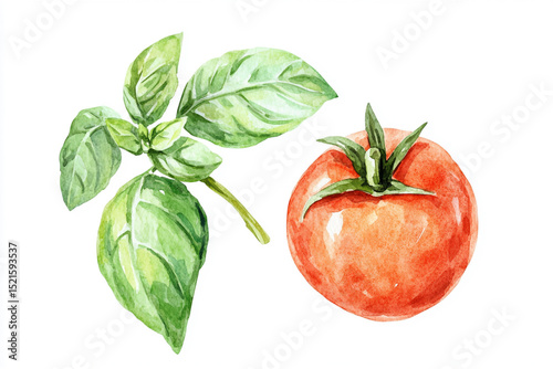Minimalistic watercolor composition of basil and tomato leaves, great for restaurant advertising