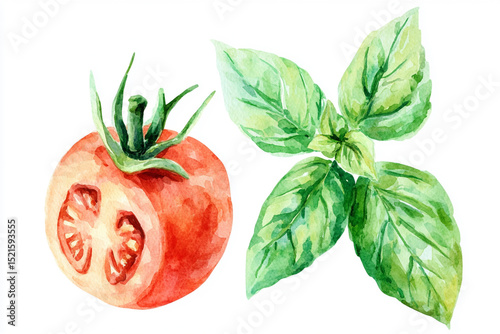 Minimalistic watercolor composition of basil and tomato leaves, great for restaurant advertising