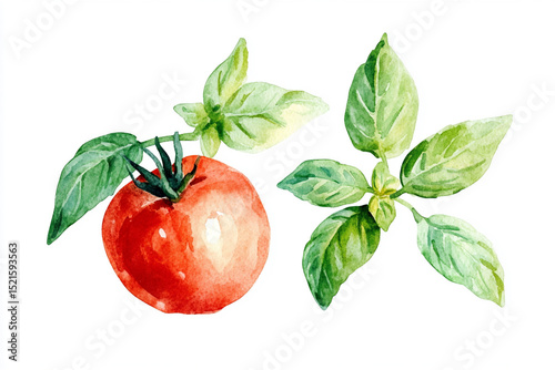 Minimalistic watercolor composition of basil and tomato leaves, great for restaurant advertising