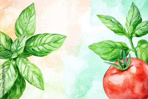 Minimalistic watercolor composition of basil and tomato leaves, great for restaurant advertising