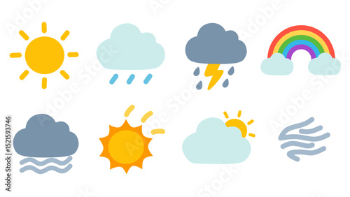 Colorful flat weather icon set featuring sun, rain, clouds, lightning, fog, and rainbow. Ideal for weather apps, forecasts, learning materials, and educational graphic design projects.