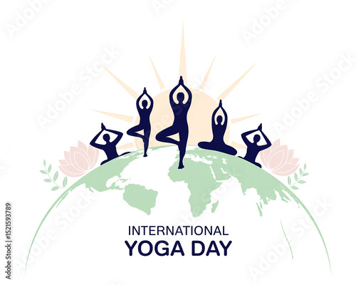 International yoga day illustration featuring silhouettes of people performing yoga poses on a world globe with a rising sun symbol and lotus flowers