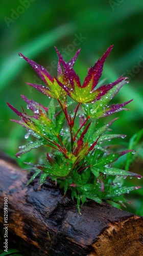 Close up view of wet japanese maple sapling growing on a piece of wood