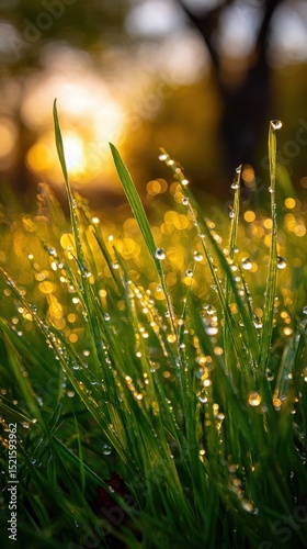 Close up view of vibrant green grass blades adorned with sparkling water droplets at sunrise