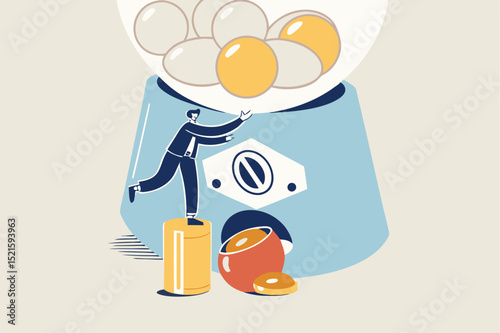 ROI, Return on Investment or high profit and success stock investing concept, smart businessman investor or company owner insert money coin into gumball machine and make it return precious golden egg.