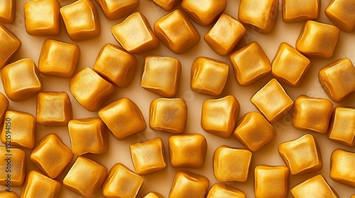Caramel Candy Cubes: Top-down view showcases multiple caramel candy cubes, arranged in a sweet confectionery pattern that evokes a sense of sugary delight.