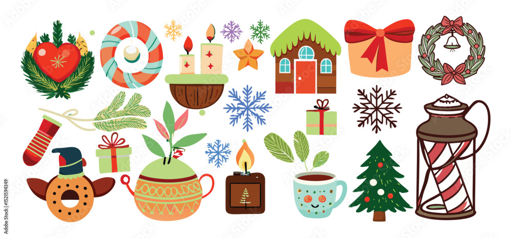 Obraz premium Festive illustrated collection of christmas holiday elements including wreaths gift boxes candles and snowflakes ready to use.