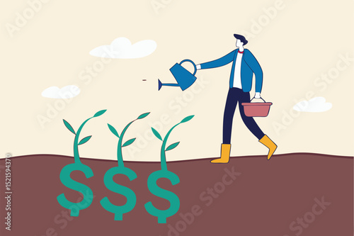 Dividend investment, prosperity and economic growth or saving and business profit concept, happy businessman investor holding watering can to watering grow sprout seedling he plant from dollar sig