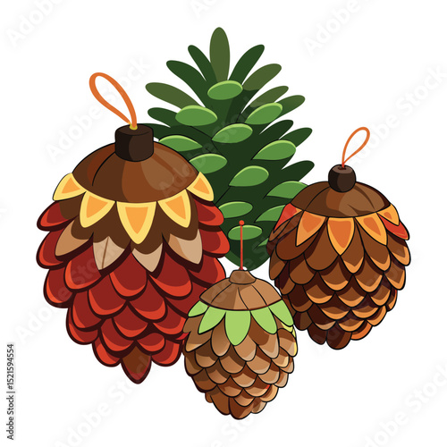 Festive illustration of decorative pine cones in various colors with a green pine cone element for holiday celebrations