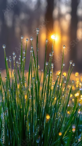 Sparkling morning dew drops on blades of grass illuminated by golden sunrise light