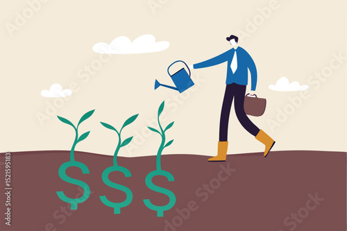 Dividend investment, prosperity and economic growth or saving and business profit concept, happy businessman investor holding watering can to watering grow sprout seedling he plant from dollar sig