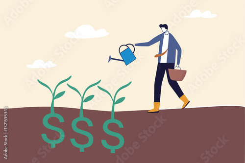 Dividend investment, prosperity and economic growth or saving and business profit concept, happy businessman investor holding watering can to watering grow sprout seedling he plant from dollar sig