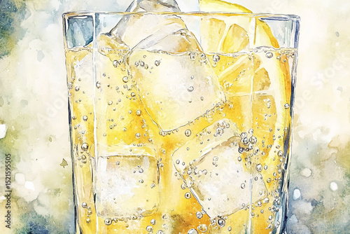 Watercolor drawing of a glass of lemonade with bubbles and ice, highlighting the freshness of the drink in advertising