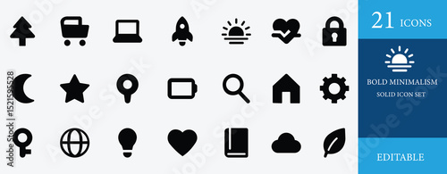 Modern solid icon set featuring black, minimal, and vector designs perfect for web, app, technology, and user interface. Editable, flat, creative, and trendy symbols