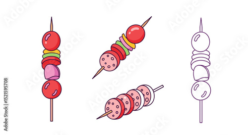 Delicious food skewers vector illustration, shish kebab with meat and vegetables, bbq grill party art