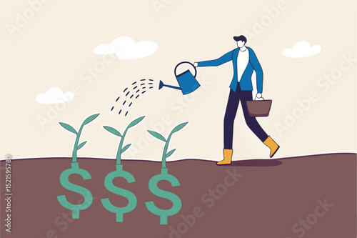 Dividend investment, prosperity and economic growth or saving and business profit concept, happy businessman investor holding watering can to watering grow sprout seedling he plant from dollar sig