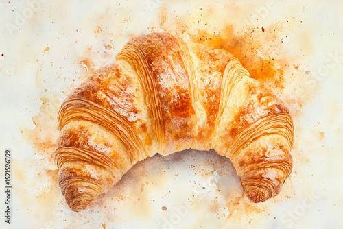 Watercolor image of a warm croissant with a golden crust creating a mouth-watering visual effect photo