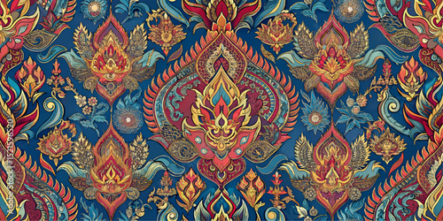 Seamless pattern, colorful Thai pattern designed for fabric printing.