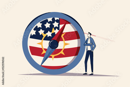 World and United States economic direction after presidential election, direction of US Federal Reserve, FED in financial crisis concept, businessman leader stand with compass with USA national flag.