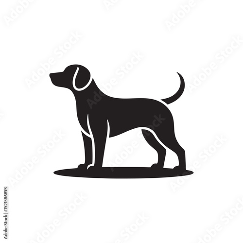 Standing Dog Silhouette. Black Vector Illustration of Alert Pet or Hunting Dog in Side View on White Background