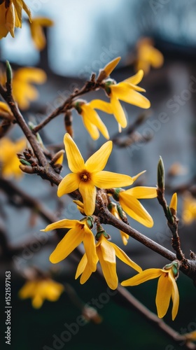 Close up view of bright yellow forsythia flowers blooming on a textured branch outdoors