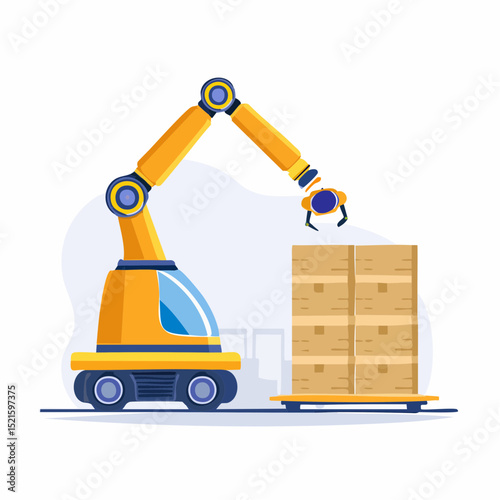 Robotic Arm Sorting Packages: A futuristic robotic arm efficiently sorts packages in a clean, streamlined automated warehouse environment, showcasing modern technology and innovation.