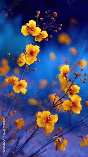 Vibrant yellow flowers with deep purple and blue background illustrating floral beauty and nature's grace