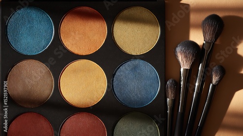 A colorful eyeshadow palette features a circular arrangement of shimmer and matte tones. Brushes hover nearby, catching reflections and suggesting motion in a beauty-focused composition  photo