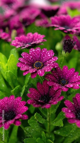 Close up of vibrant purple african daisies with water droplets in a natural garden setting