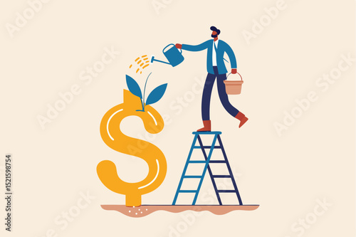 Growth investment, saving and financial prosperity, money increase or profit from growing business concept, businessman investor watering sprout or seedling plant growing from golden dollar sign.