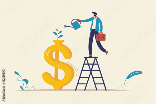 Growth investment, saving and financial prosperity, money increase or profit from growing business concept, businessman investor watering sprout or seedling plant growing from golden dollar sign.