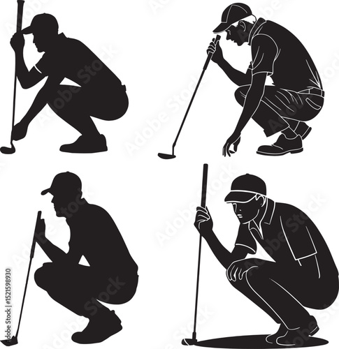 A vector bundle of four unique golfer silhouettes in crouching stances, each focusing on putting. Great for golf design sets, educational packs, or logo collections.