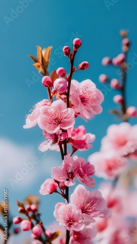 Delicate cherry blossom branch with pink flowers blooming against a bright blue sky background