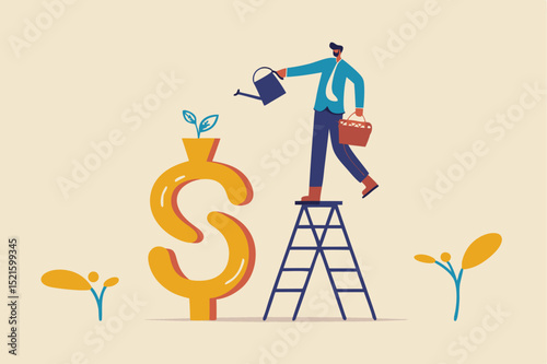 Growth investment, saving and financial prosperity, money increase or profit from growing business concept, businessman investor watering sprout or seedling plant growing from golden dollar sign.